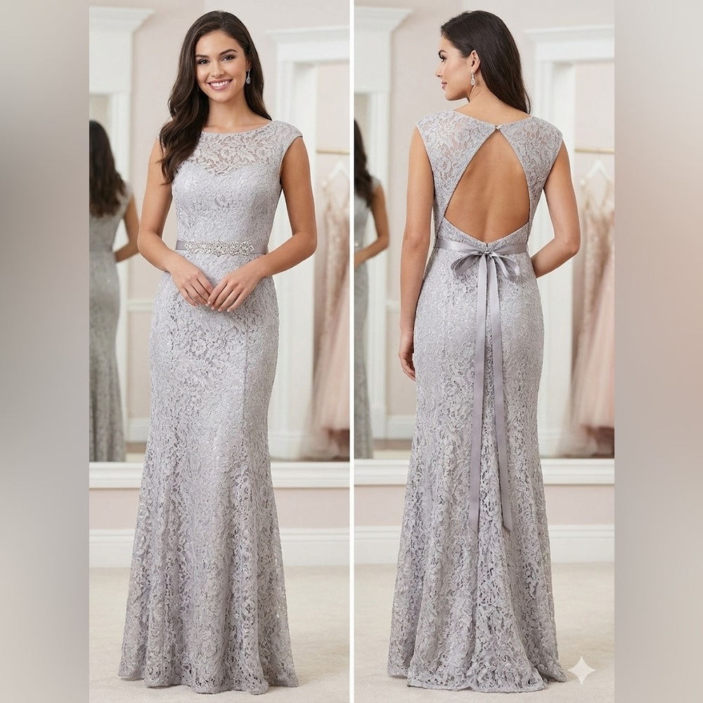 Betsy & Adam Gray Lace Backless Dress